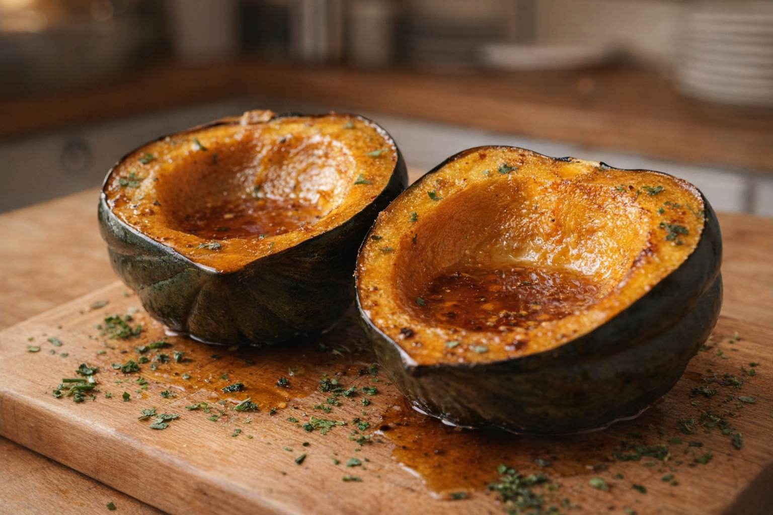A whole roasted acorn squash cut in half, the interior glistening with a maple-butter glaze, resting on a wooden cutting board with herbs sprinkled around. Warm, inviting lighting.